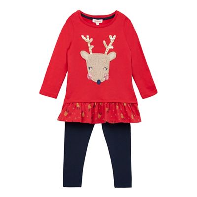 bluezoo Girls' red reindeer applique top and navy leggings